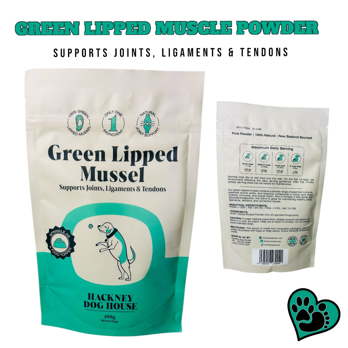 Hackney Dog House Supplements - Green Lipped Muscle powder , Goats milk Powder , Plaque Powder .